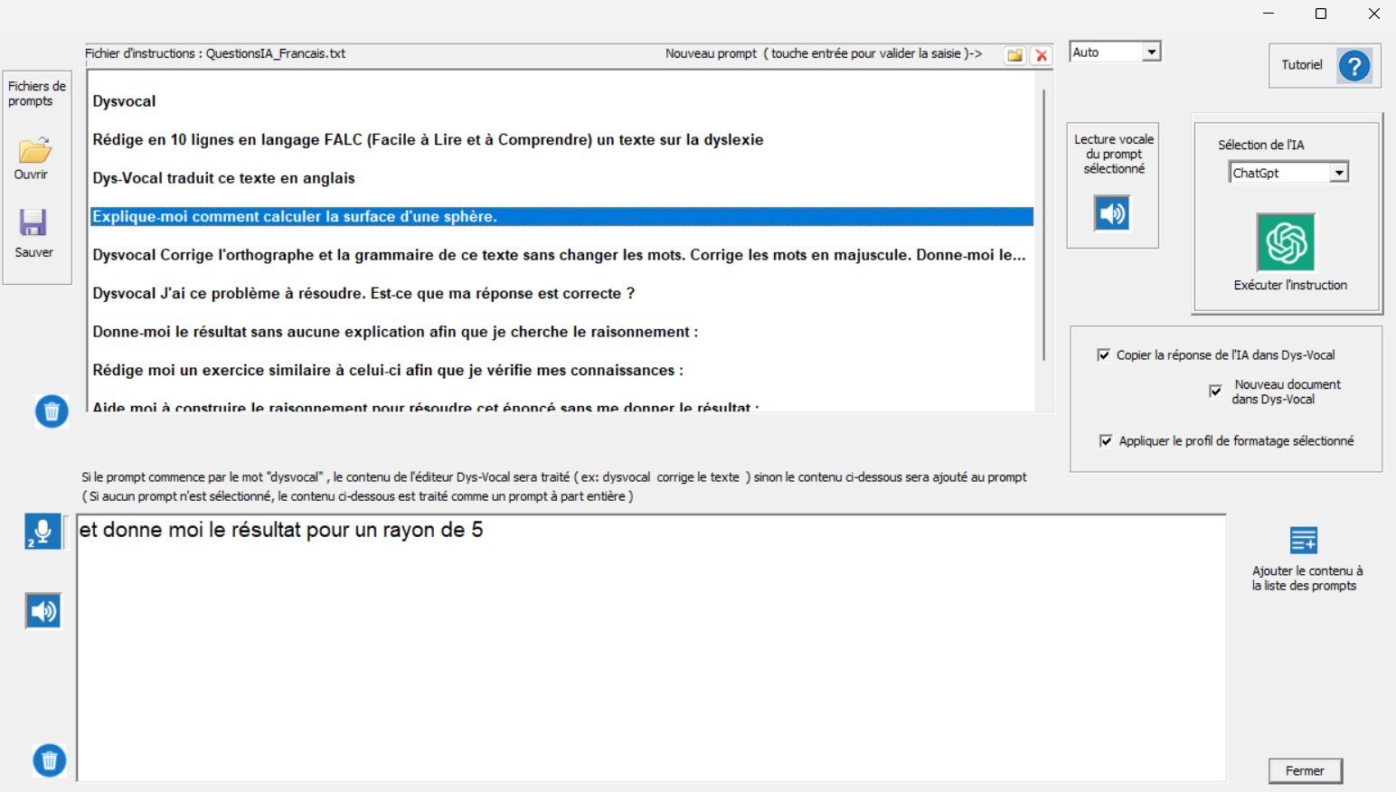 Module d'intelligence artificielle de Dys-Vocal : sélection de l'IA et exécution d'une instruction