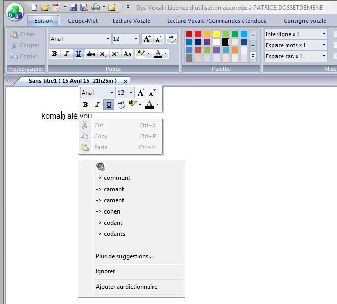 Menu contextuel d'étude d'un mot
